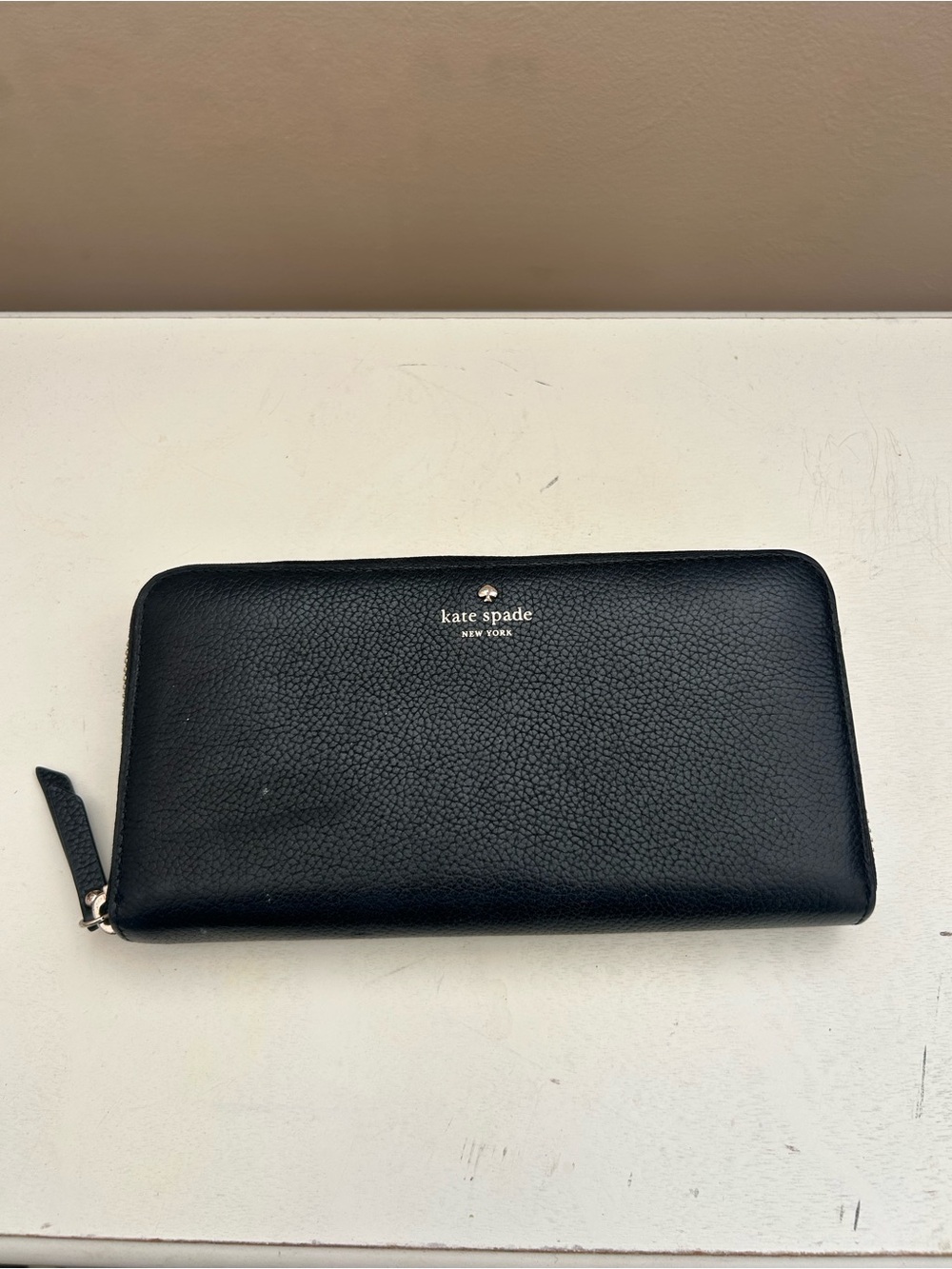 kate spade Black Leather Zip Wallet with Gold Logo